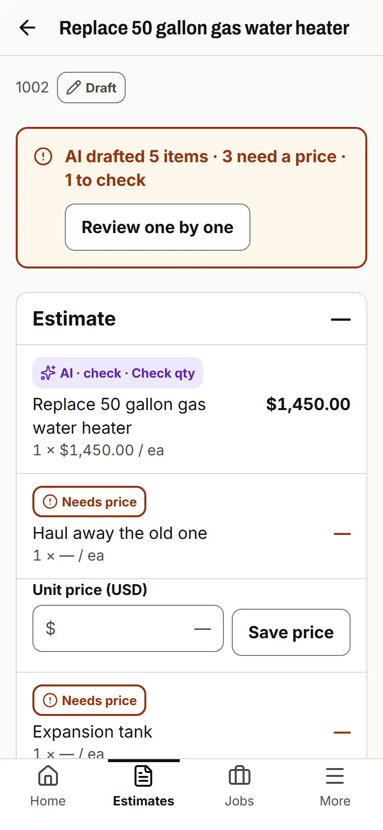 Draft estimate with the banner AI drafted 5 items · 3 need a price · 1 to check, and lines marked AI · check and Needs price