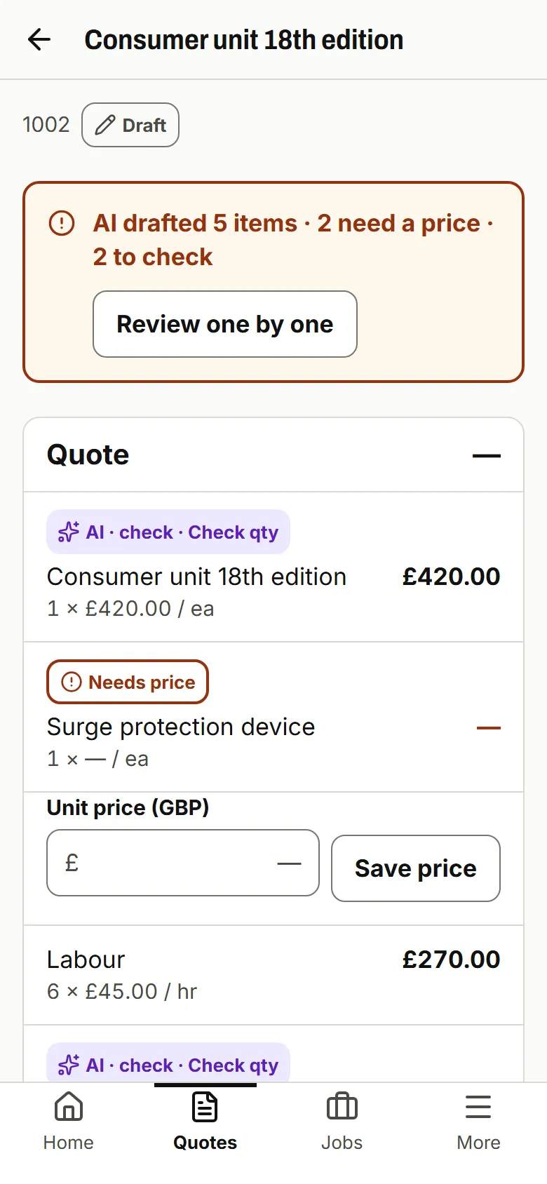 Draft quote with the AI drafted banner and lines marked AI · check and Needs price