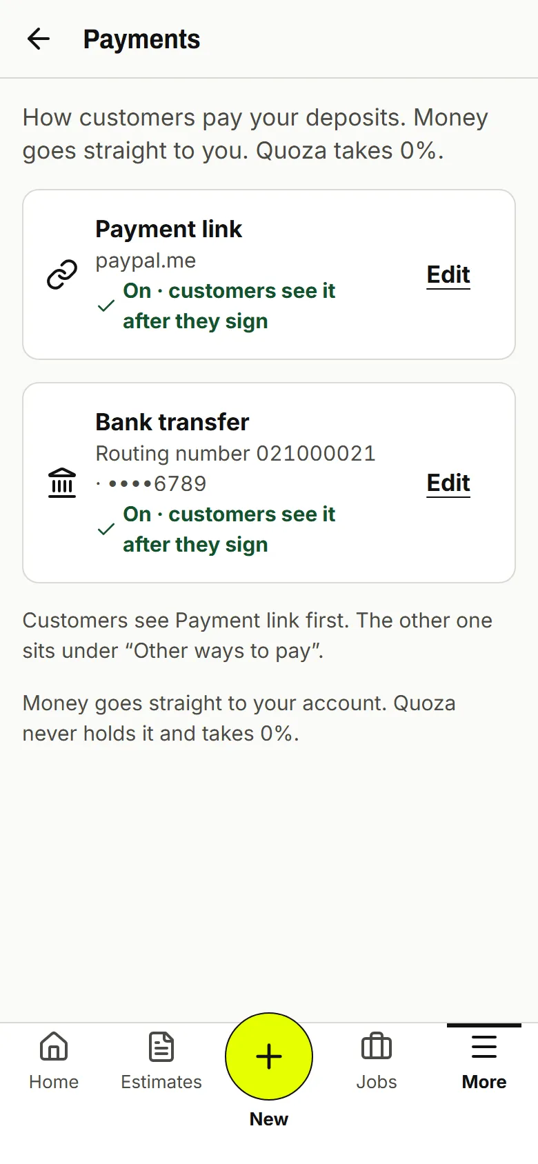 Settings, Payments with a payment link and bank transfer both on