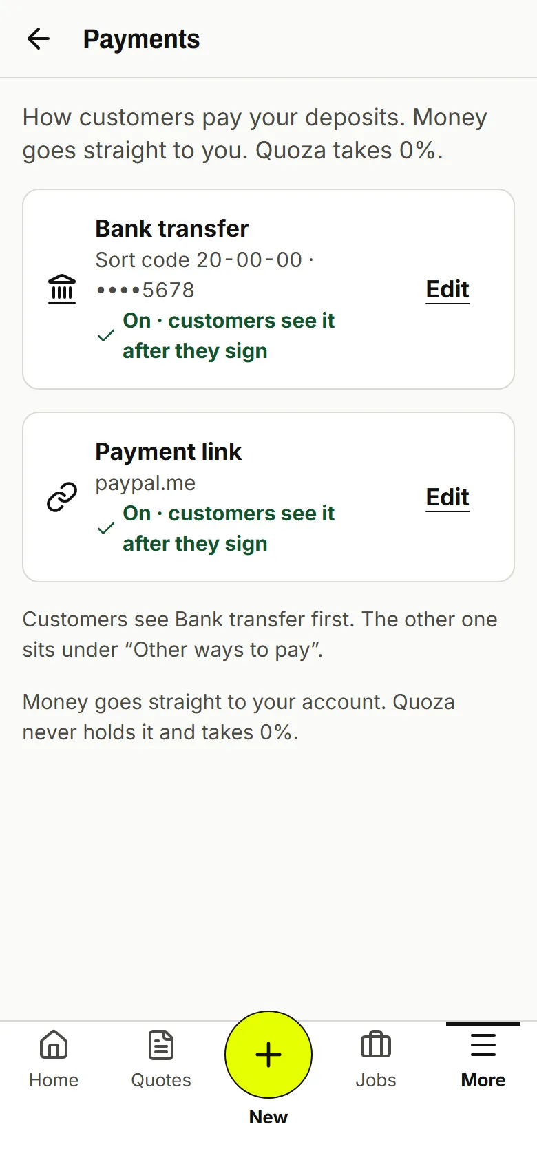 Settings, Payments with a payment link and bank details with sort code and account number