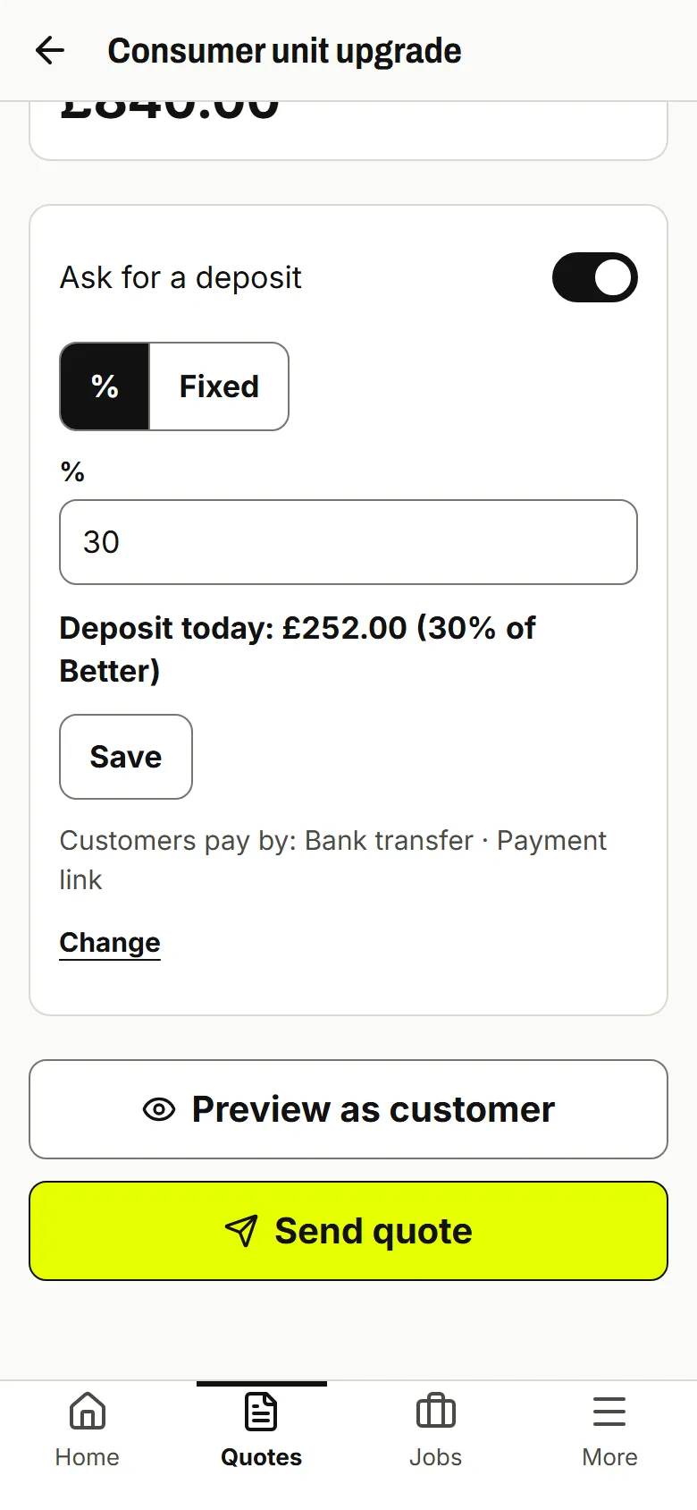 Quote with Ask for a deposit on, set to 30%, and the line Deposit today