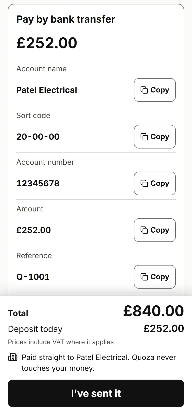 Customer page after signing with the deposit amount in pounds, who it's paid to, bank details and a reference