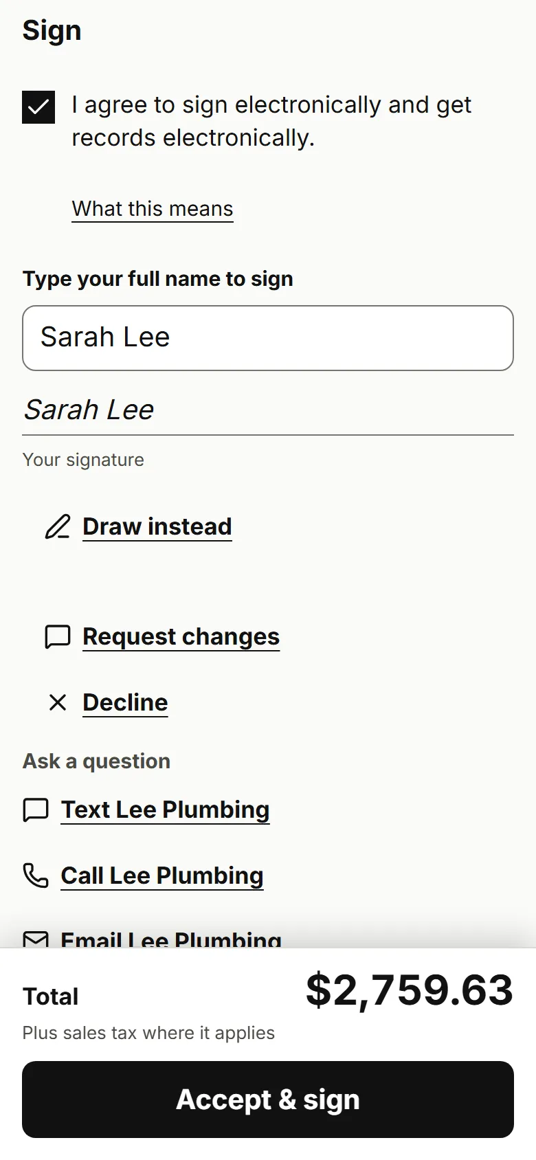 Customer page Sign section with the consent tick, Type your full name to sign and an Accept & sign button