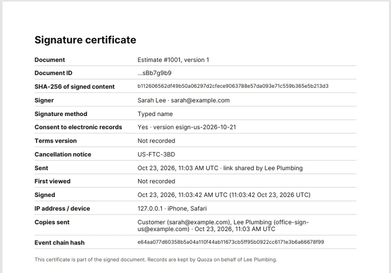 Last page of the signed PDF with the Signature certificate: name, date and time, IP address and device