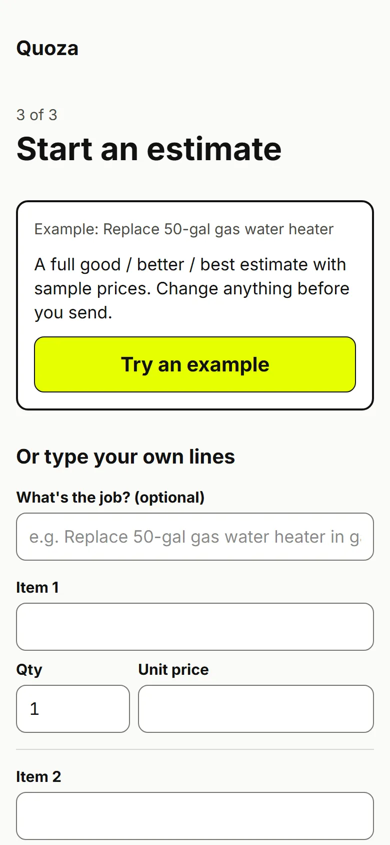 Start an estimate screen with a Try an example card and fields for item, qty and unit price