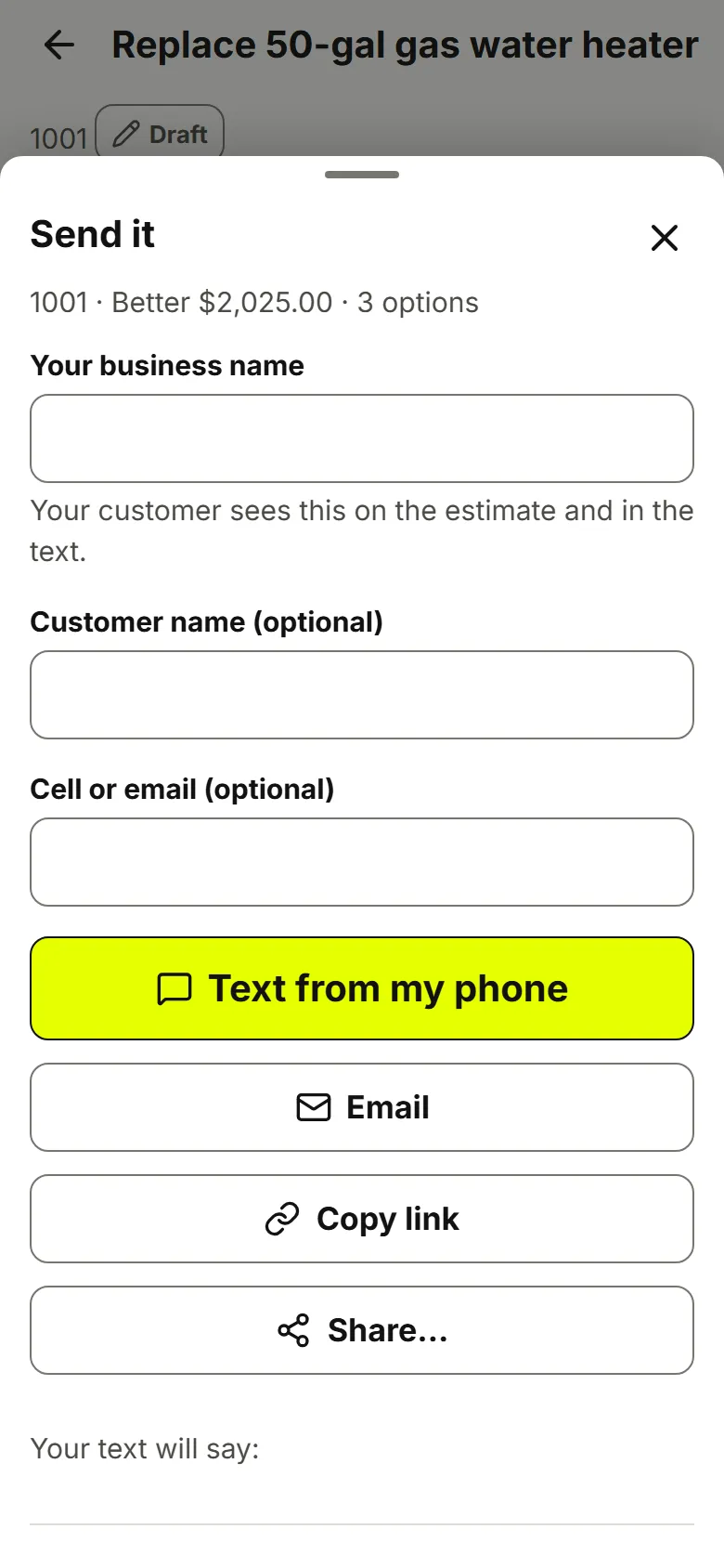 Send it sheet with business name, customer name and cell, and buttons Text from my phone, Email, Copy link and Share