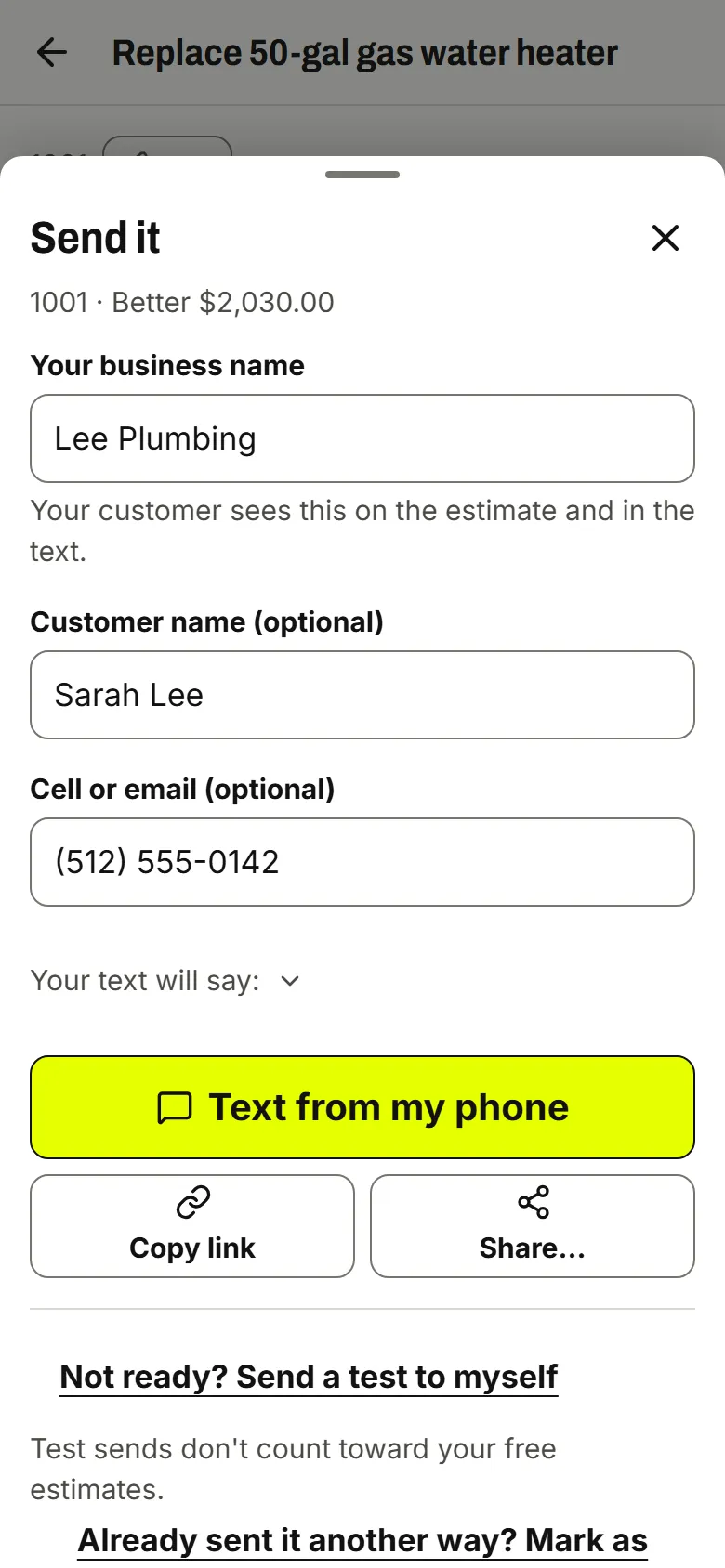 Send it sheet with business name, customer name and cell, and buttons Text from my phone, Copy link and Share