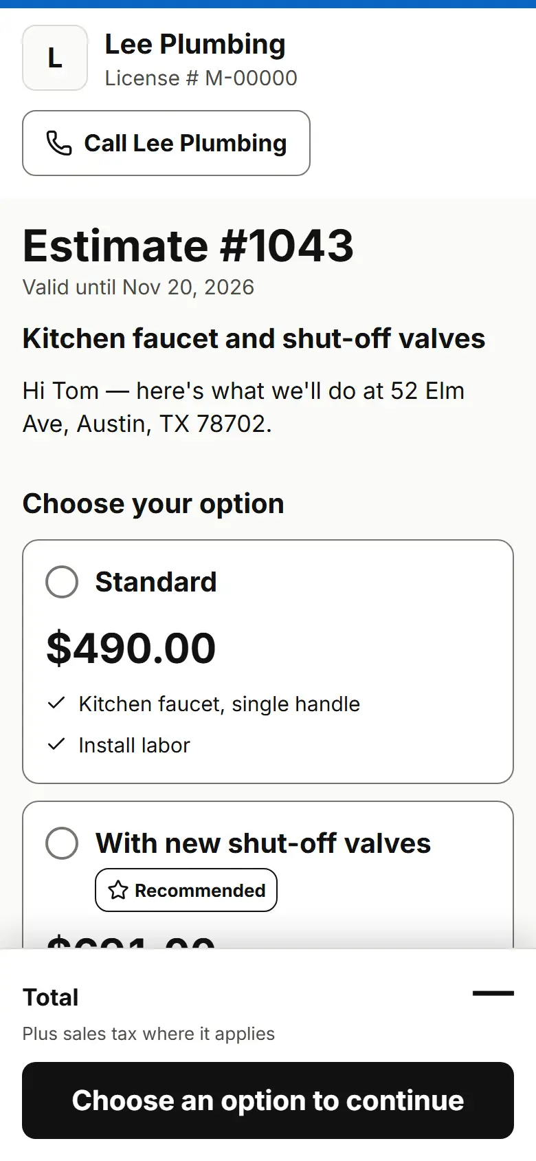 Customer page for Estimate #1043 from Lee Plumbing with Choose your option and nothing selected