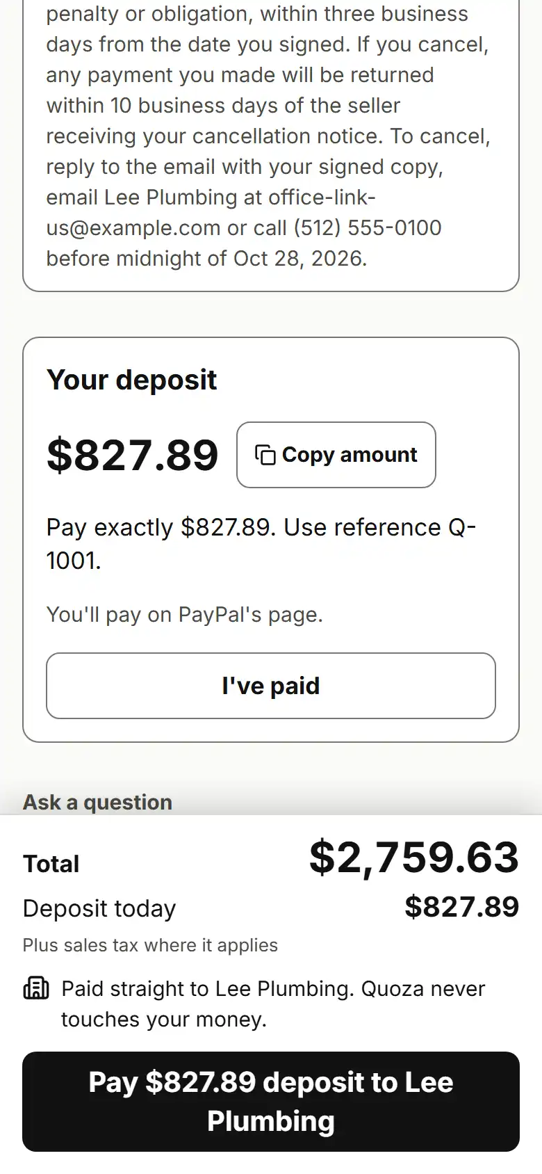 Customer page with a Pay deposit to Lee Plumbing button and the line Paid straight to Lee Plumbing. Quoza never touches your money.