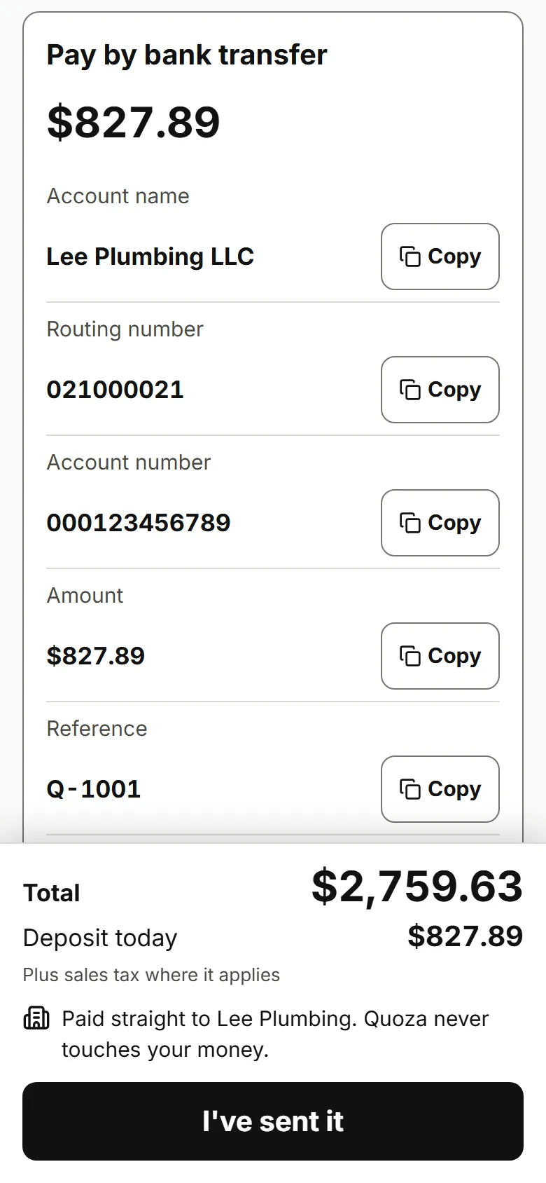 Customer page with Pay by bank transfer, account details, amount, reference and Copy reference