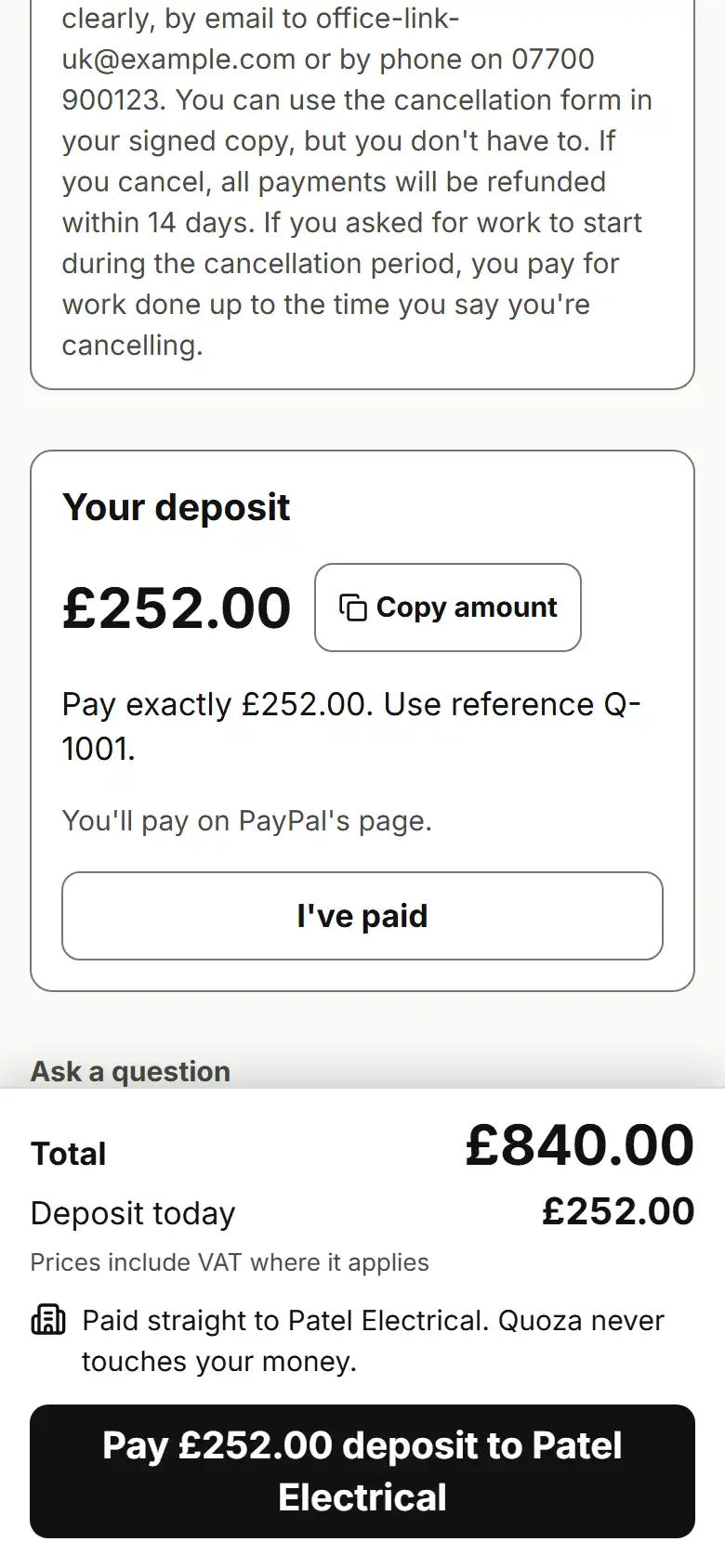 Customer page with a pay button for the deposit in pounds and Paid straight to the business