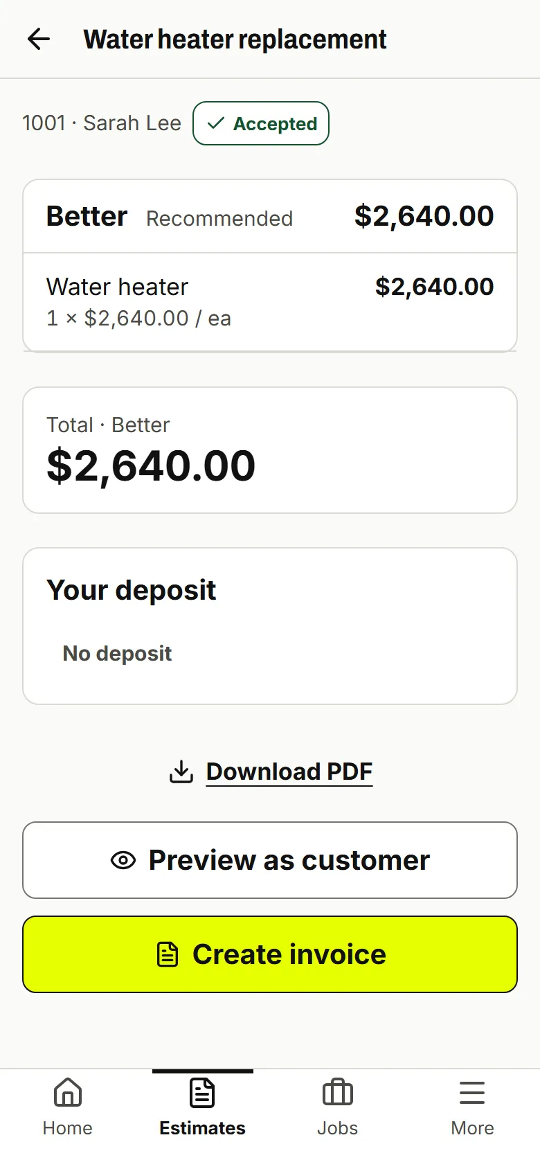 Accepted estimate for Sarah Lee, Better option $2,640.00, with a Create invoice button
