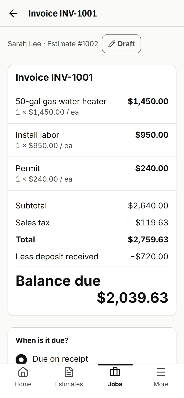 Draft invoice with Total $2,759.63, Less deposit received −$720.00 and Balance due $2,039.63