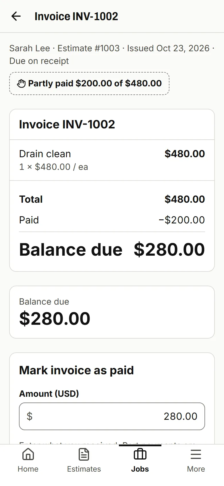 Invoice marked Partly paid with the amount received and the balance left