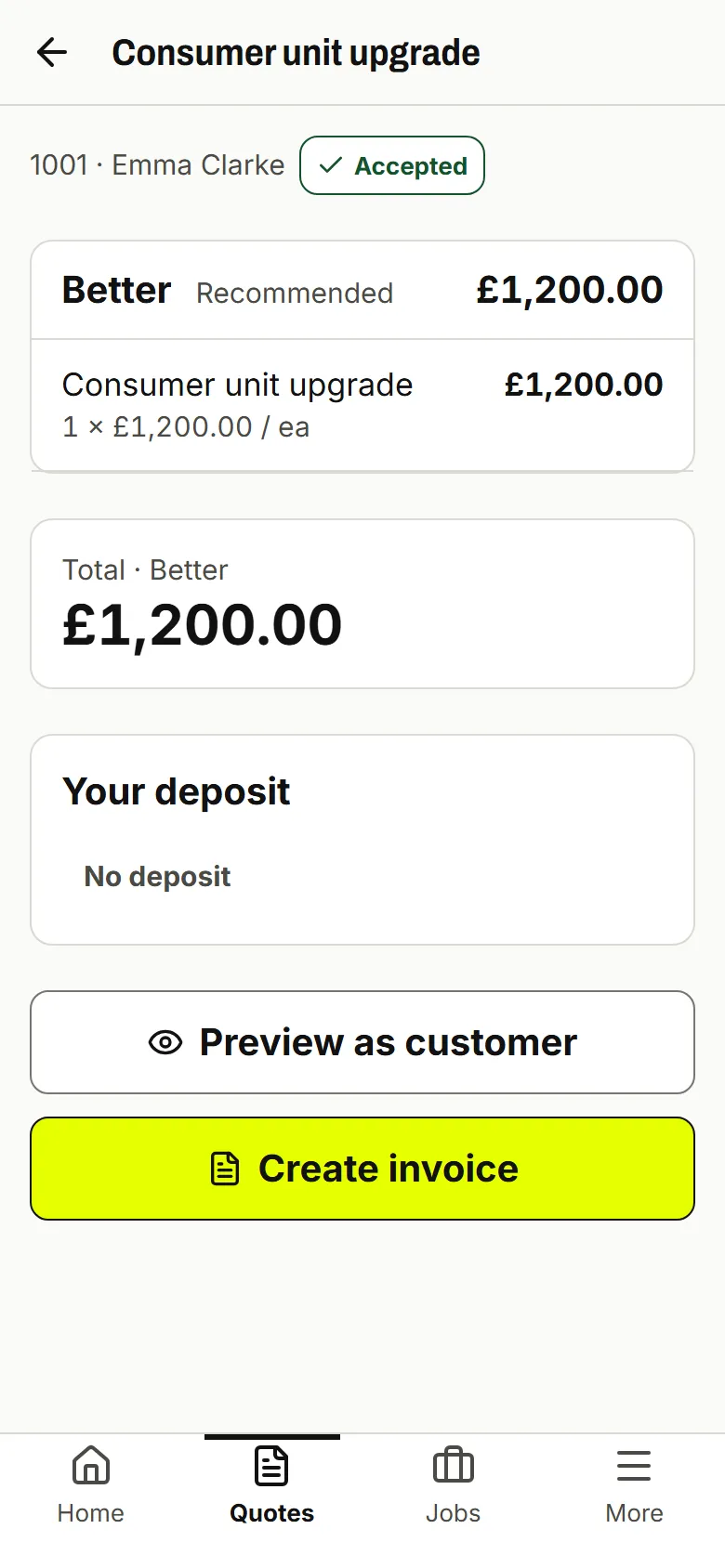 Accepted quote with the chosen option and a Create invoice button