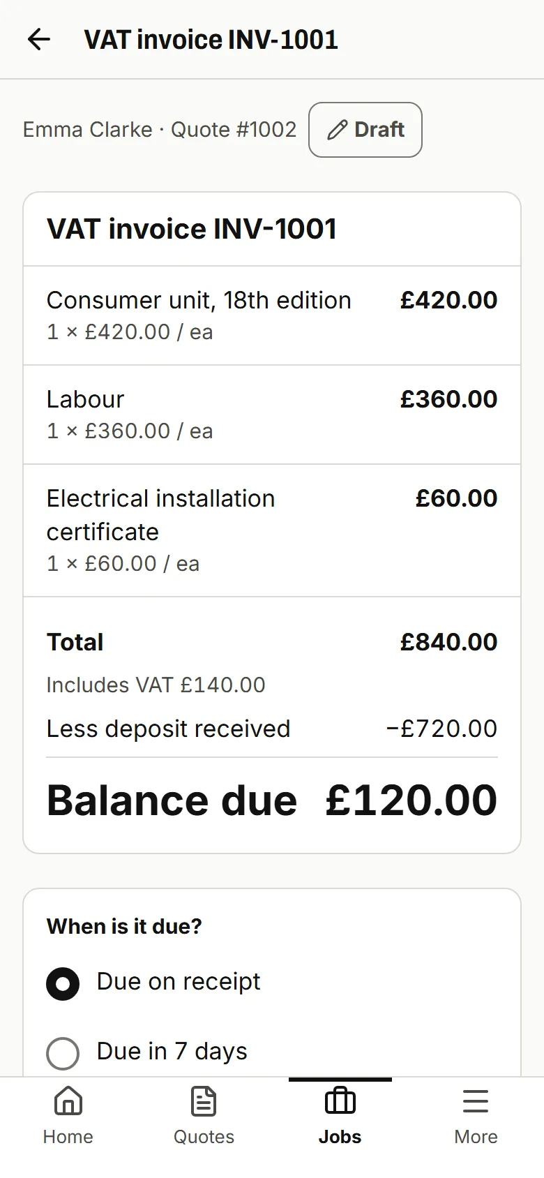 Draft invoice in pounds with Total, Less deposit received and Balance due
