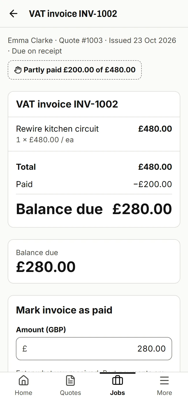 Invoice marked Partly paid with the amount received and the balance left